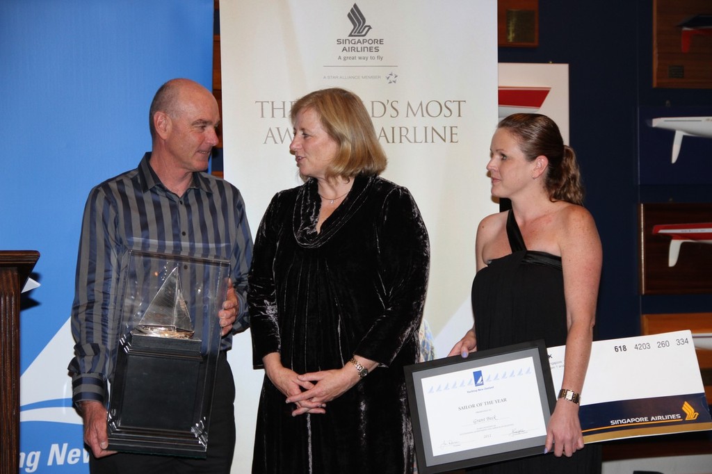 Grant Beck talks with Yachting NZ President, Jan Dawson just after being presented with the Sailor of the Year Trophy © Richard Gladwell www.photosport.co.nz